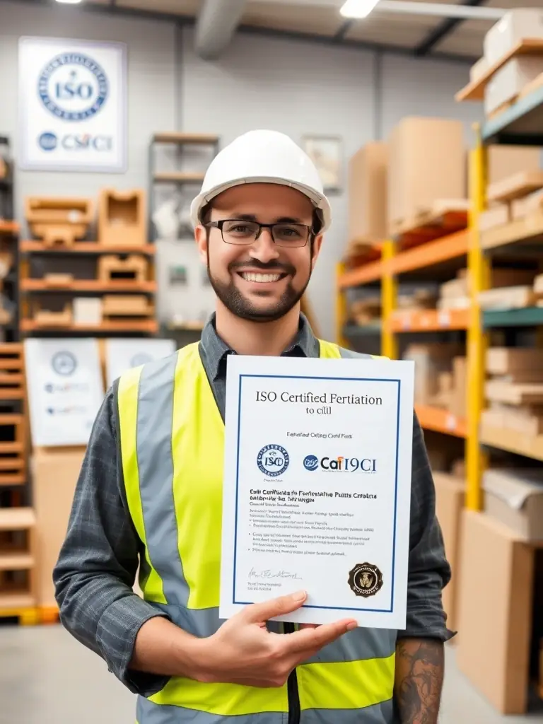 A photo of a factory worker in a clean and organized environment, holding an ISO certification document, highlighting the manufacturer's adherence to international standards.