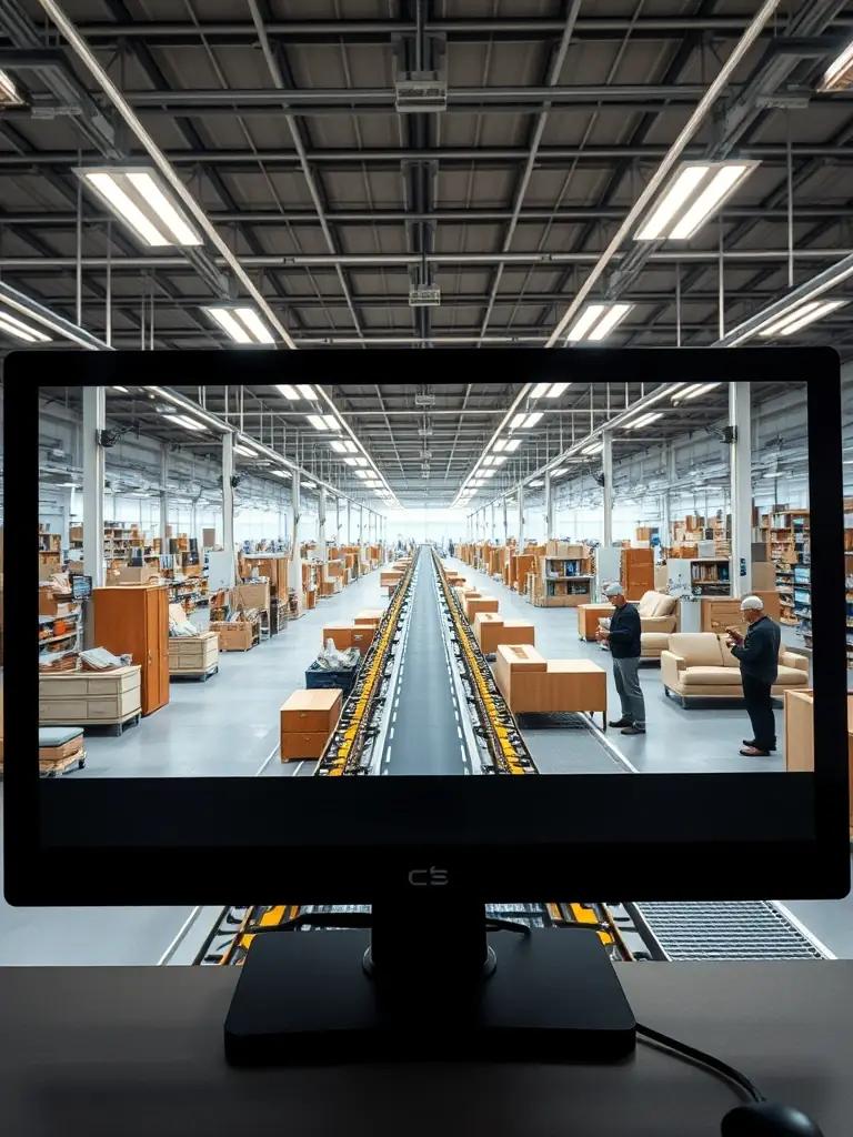 A virtual factory tour interface on FurnitureFactoryPrice.com, showcasing a furniture factory production line with quality control checks.