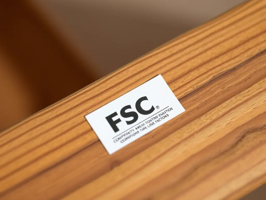 A close-up shot of the FSC certification label on a wooden furniture piece, emphasizing the use of responsibly sourced materials and sustainable forestry practices.