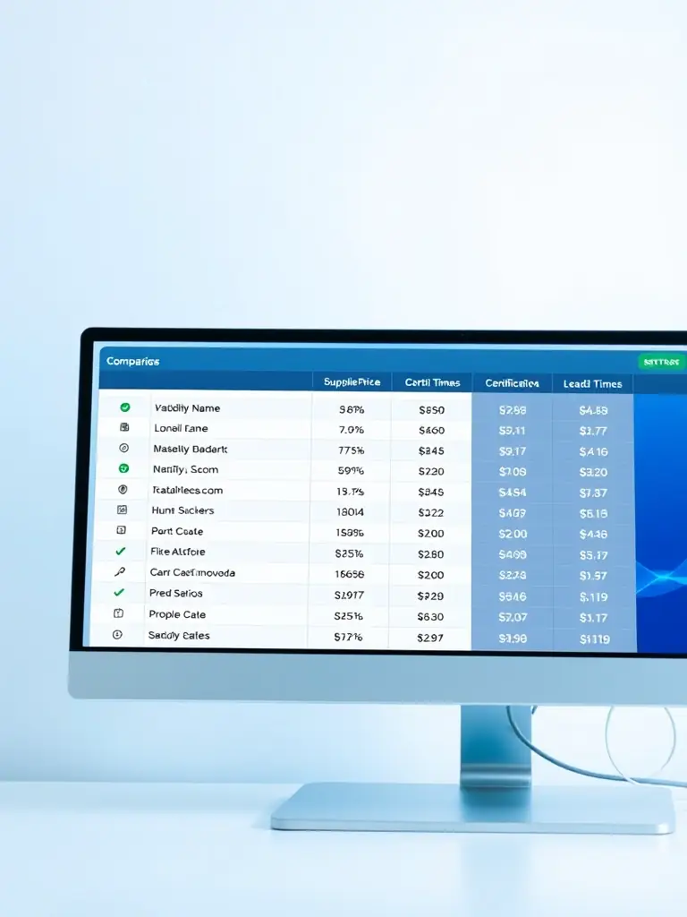 A screenshot of the FurnitureFactoryPrice.com platform showing a comparison table of different suppliers for the same product, highlighting price, certifications, and lead times.