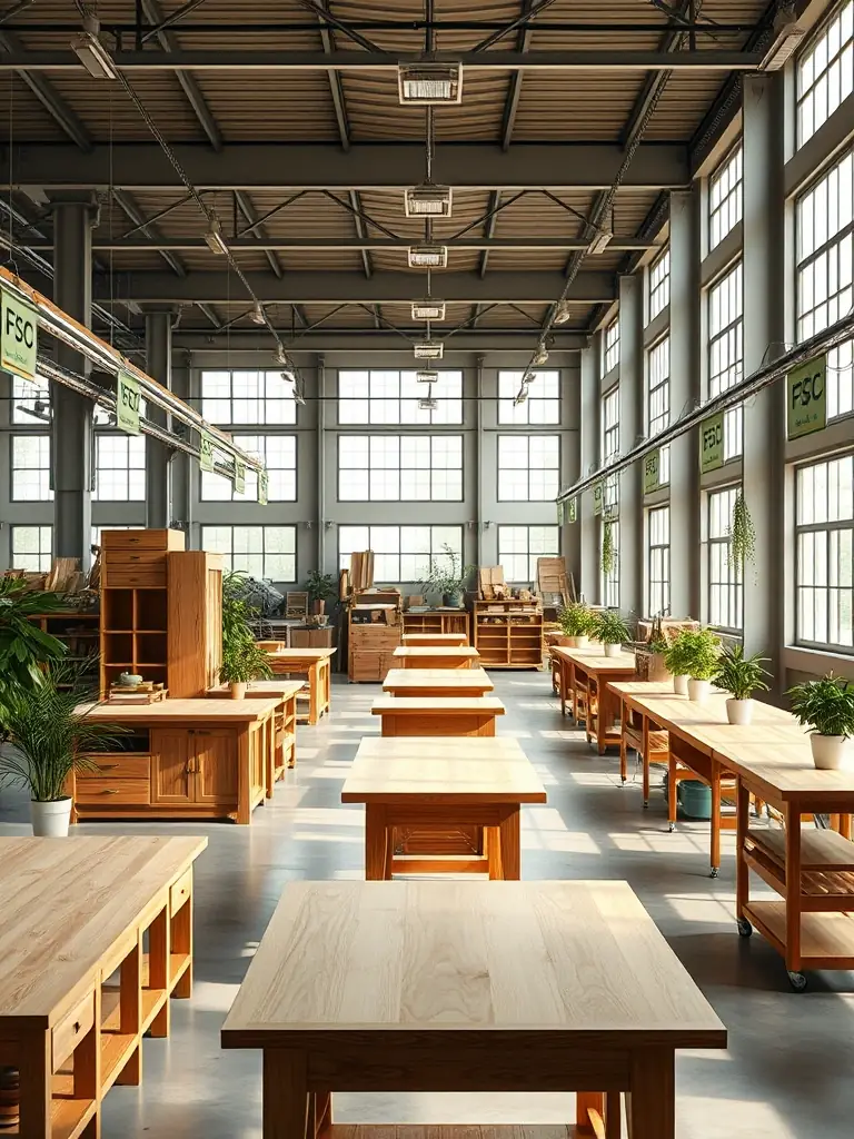A high-resolution image of a sustainable furniture factory with visible FSC certification signage, emphasizing eco-friendly practices and responsible sourcing.