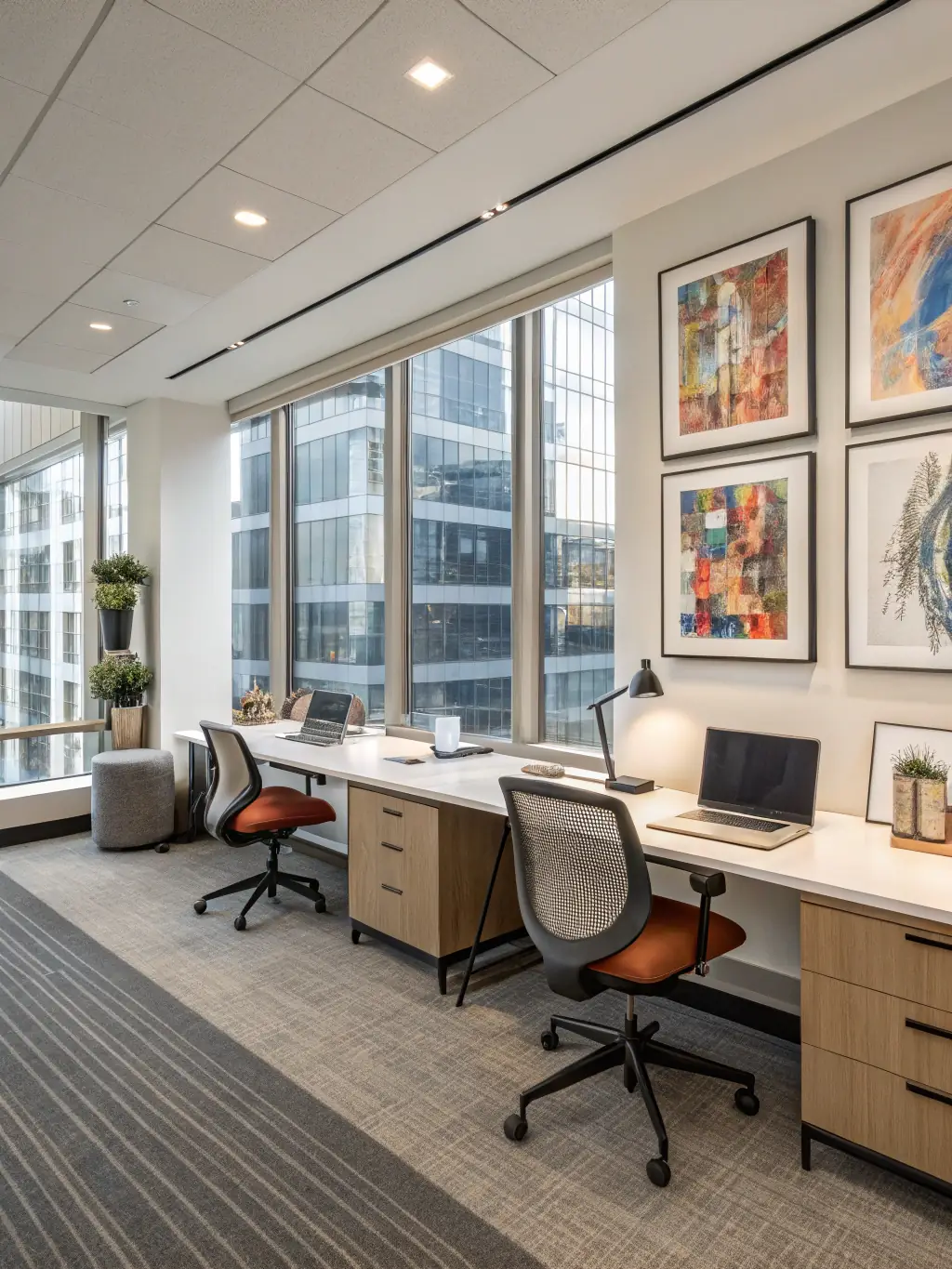 A high-angle, well-lit photograph showcasing a modern office space featuring ergonomic chairs, adjustable desks, and collaborative workstations, emphasizing comfort and productivity.