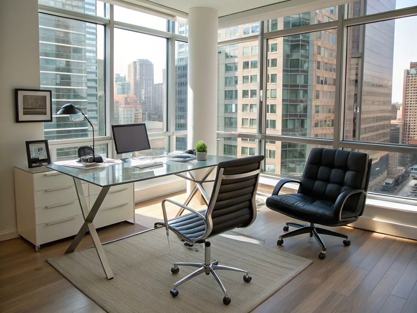 A brightly lit office space featuring ergonomic chairs and adjustable desks, showcasing the comfort and functionality of office furniture. The image emphasizes a modern and productive work environment.