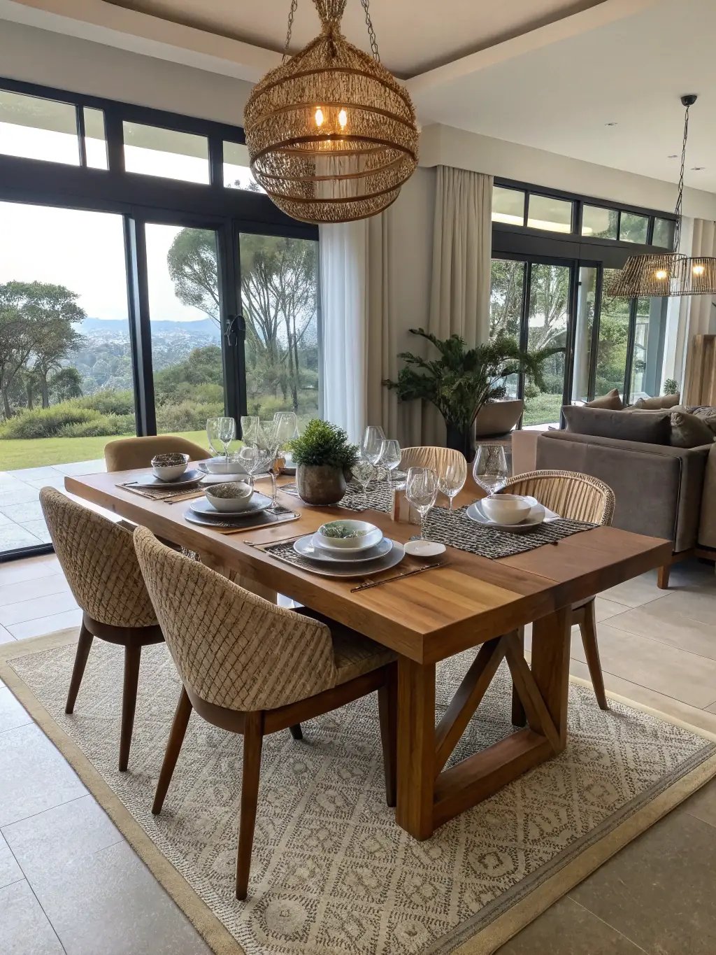 A close-up shot of a beautifully crafted wooden dining table surrounded by elegant chairs, highlighting the quality and craftsmanship of the furniture.