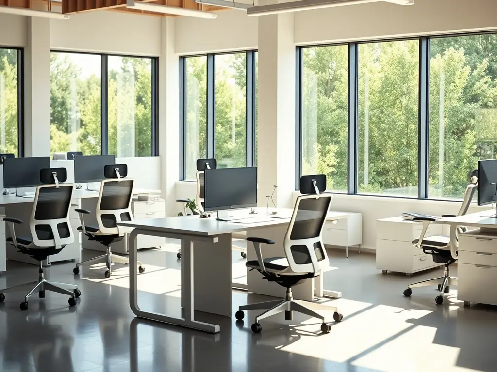 A brightly lit modern office space featuring ergonomic chairs and adjustable desks, showcasing a focus on employee well-being and productivity. The image should convey a sense of comfort and efficiency.