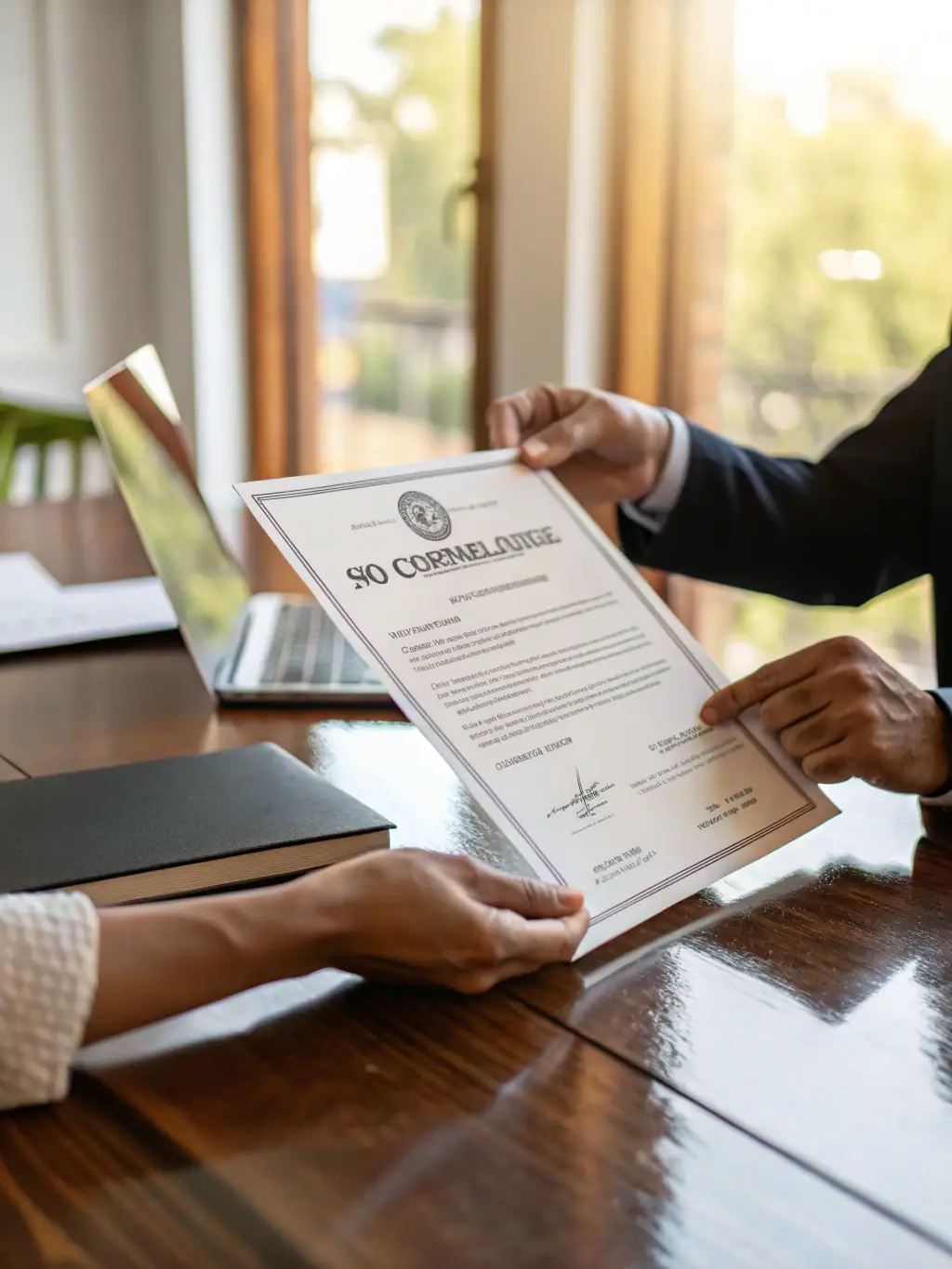 A close-up shot of a hand holding a magnifying glass over a furniture certification document (e.g., ISO, BIFMA), highlighting the platform's commitment to verified suppliers and quality assurance.
