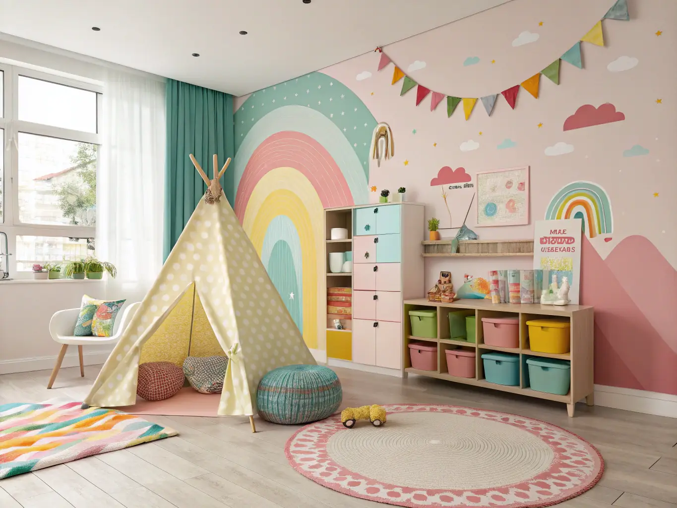 A vibrant and playful children's room featuring colorful, durable furniture designed for safety and creativity. The image should highlight the fun and functional aspects of children's furniture.