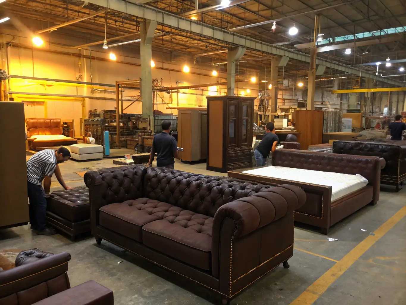 A wide shot of a modern furniture factory floor, showcasing various stages of production, from raw materials to finished products, with quality control checks in progress.