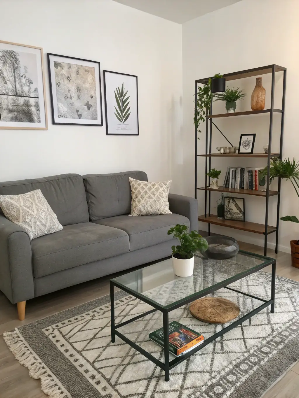 A brightly lit, inviting living room scene featuring a stylish sofa, coffee table, and decorative shelving unit, showcasing modern home furniture designs.