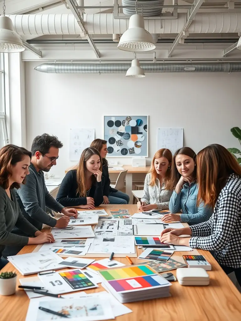A professional photograph of a diverse team of furniture designers collaborating in a modern office setting, reviewing blueprints and material samples, symbolizing the platform's collaborative approach to supplier selection.